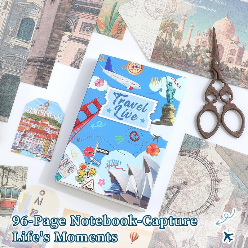 icceemee Scrapbooking Supplies Kit, Travel Diary Theme Scrapbooking Kit for Bullet Junk Journaling, Stationery, A6 Grid Notebook, Flower DIY Journaling Supplies, Birthday Craft Gift for Teen Girls - Image 2
